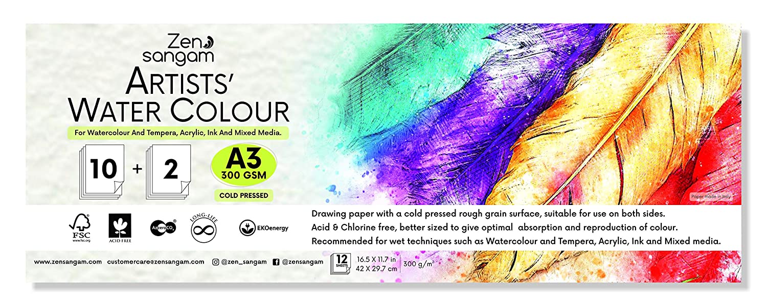 Watercolor Paper β Watercolour Sheets β Cold Pressed β Acid Free β Rough Surface β 300 GSM β Zen Sangam - A3