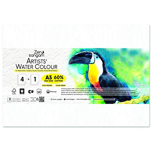 Watercolor Paper – Watercolour Sheets – Cold Pressed – Cotton – Rough Surface – 300 GSM – Zen Sangam - A3