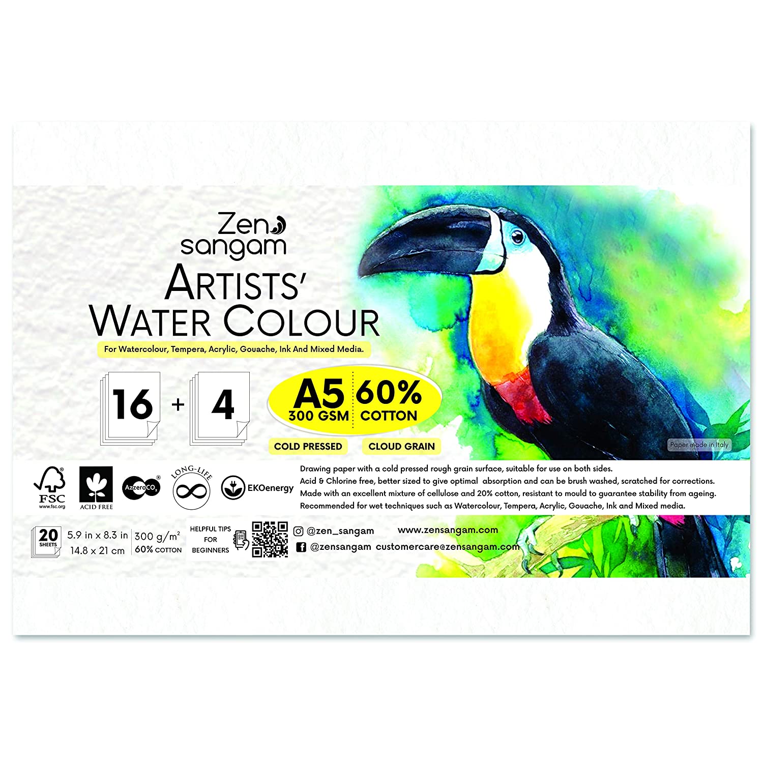 Watercolor Paper – Watercolour Sheets – Cold Pressed – Cotton – Rough Surface – 300 GSM – Zen Sangam - A5