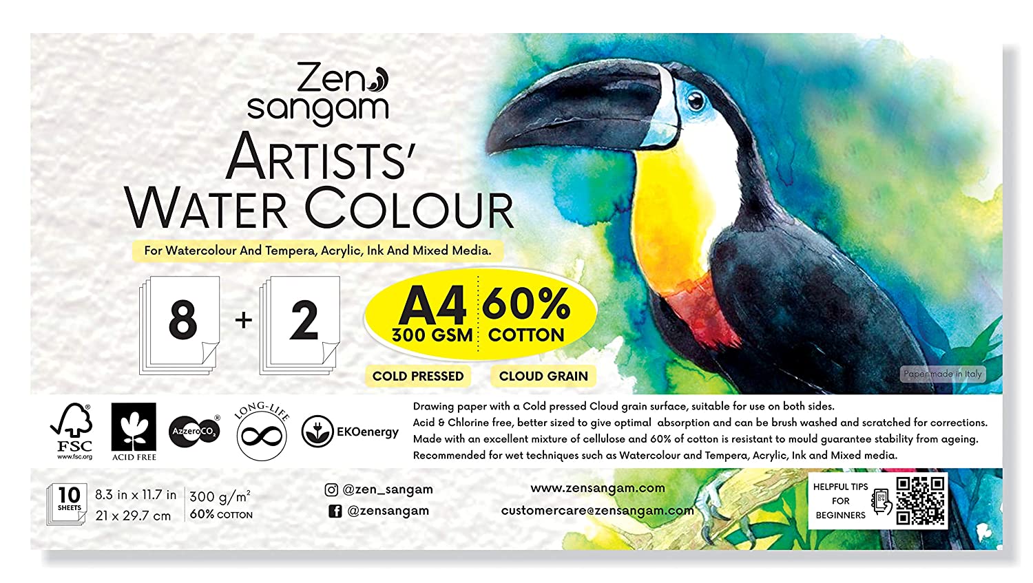 Watercolor Paper – Watercolour Sheets – Cold Pressed – Cotton – Rough Surface – 300 GSM – Zen Sangam - A4
