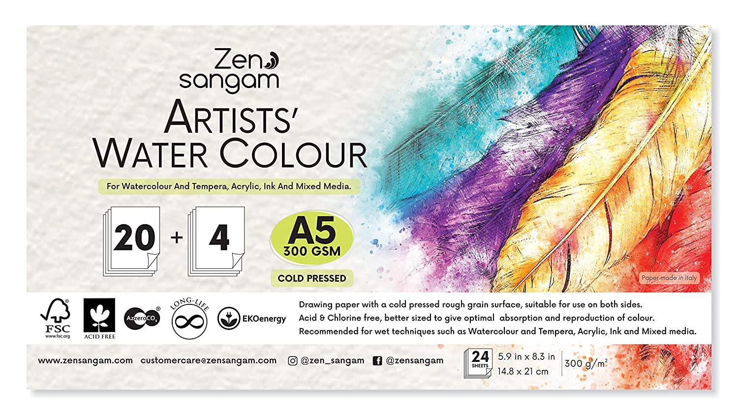 Watercolor Paper – Watercolour Sheets – Cold Pressed – Acid Free – Rough Surface – 300 GSM – Zen Sangam - A5